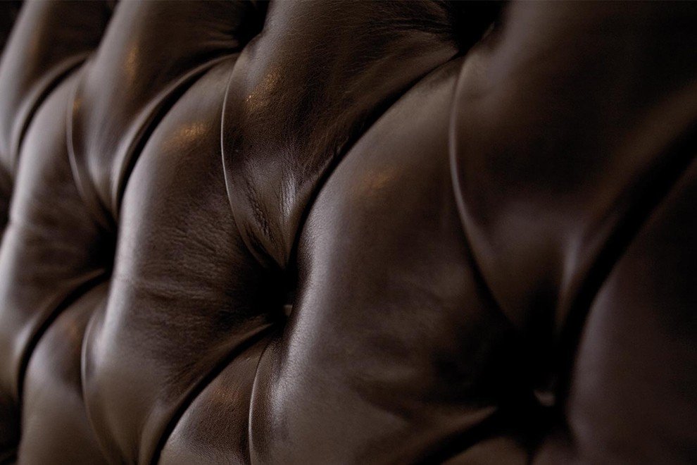 And So To Bed Bonaparte Deep Buttoned Bed close-up of the deep-buttoned brown leather