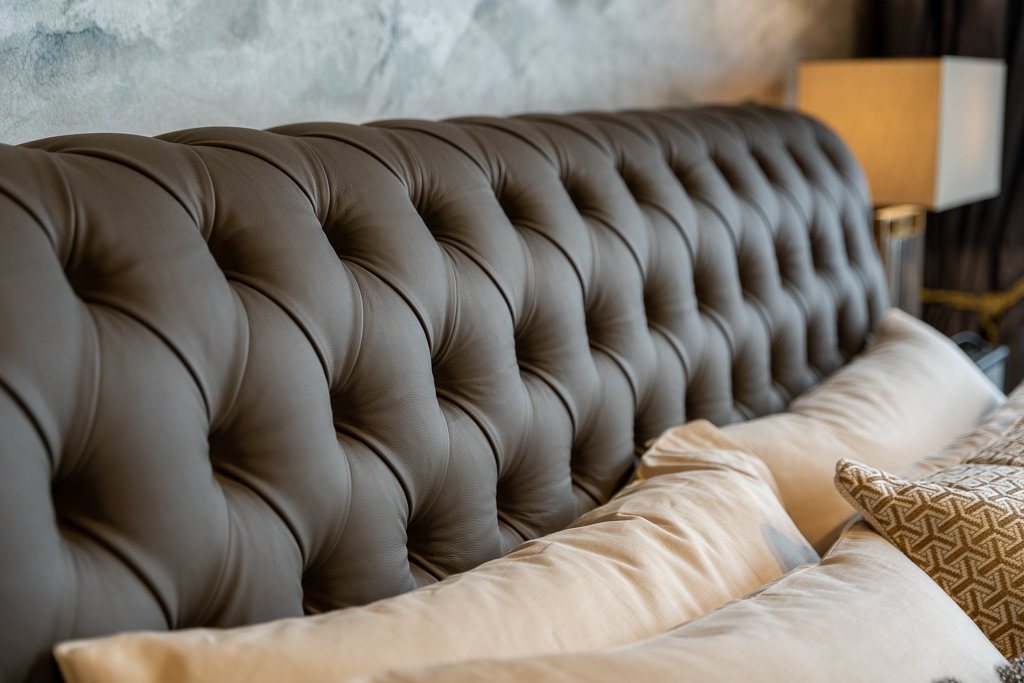 And So To Bed Bonaparte Deep Buttoned Bed buttoned leather headboard behind pillows