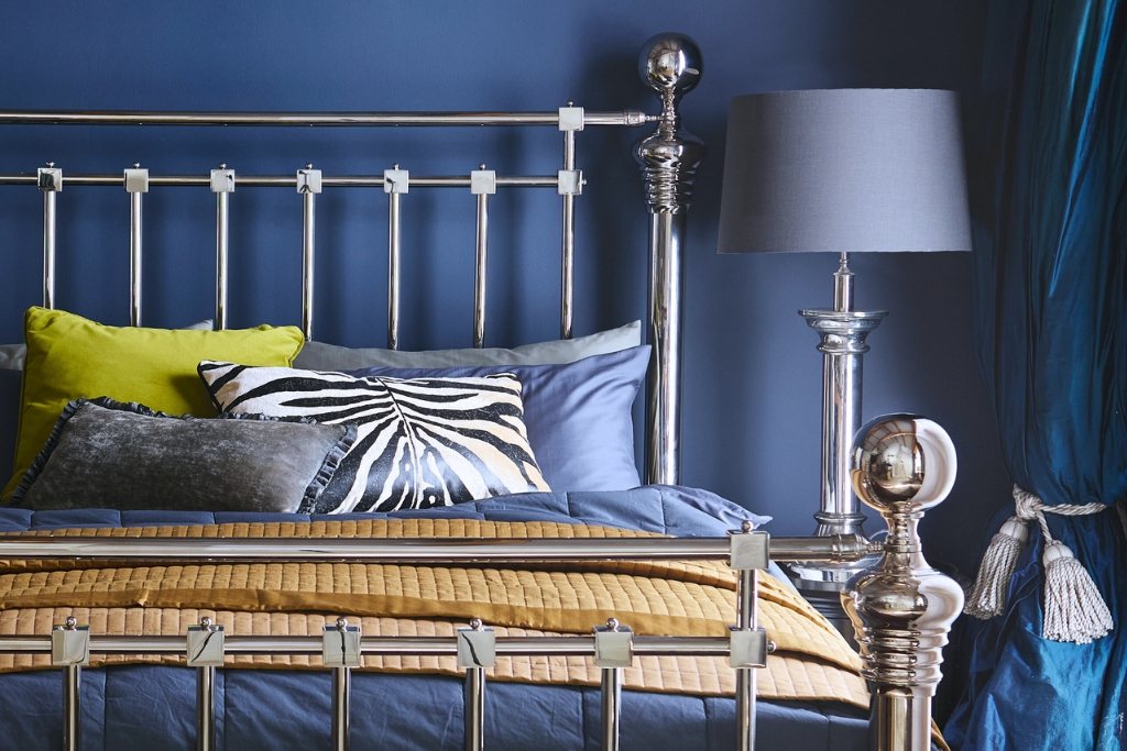 And So To Bed Dickens Bed headboard with polished nickel posts and bedknob