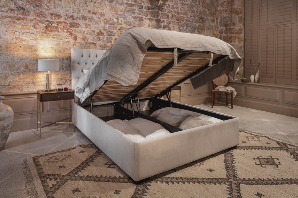 And So To Bed Emilia Ottoman Bed with the hydraulic deck raised over the storage well