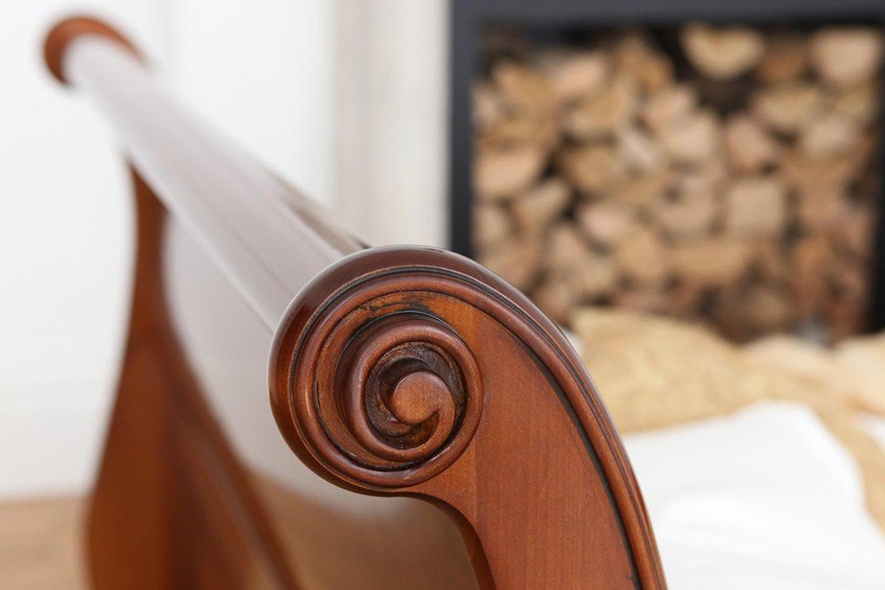 And So To Bed Manoir Bed close-up of the hand-carved scroll on the headboard