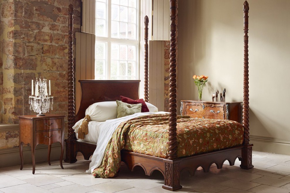 And So To Bed Venetian Four Poster Bed in sienna with an embroidered bedspread