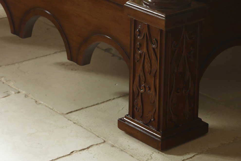 And So To Bed Venetian Four Poster Bed close-up of the carved corner block and arch