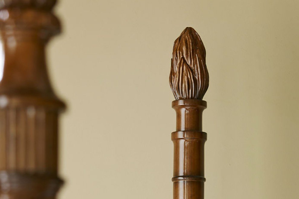 And So To Bed Venetian Four Poster Bed close-up of the flaming-urn finial