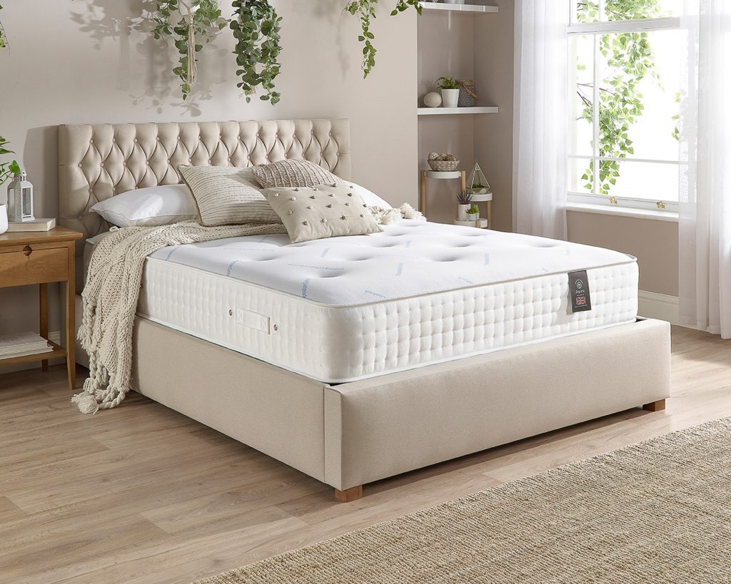Aspire 3000 Pocket Climate Cool Wool mattress on a beige ottoman bed, seen from the side