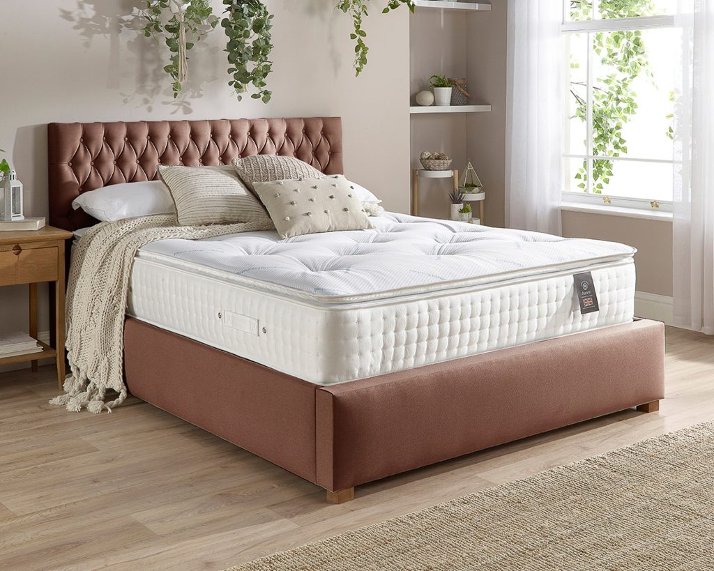 Aspire 3000 Pocket Climate Cool Wool Pillowtop on a dusky pink upholstered bed