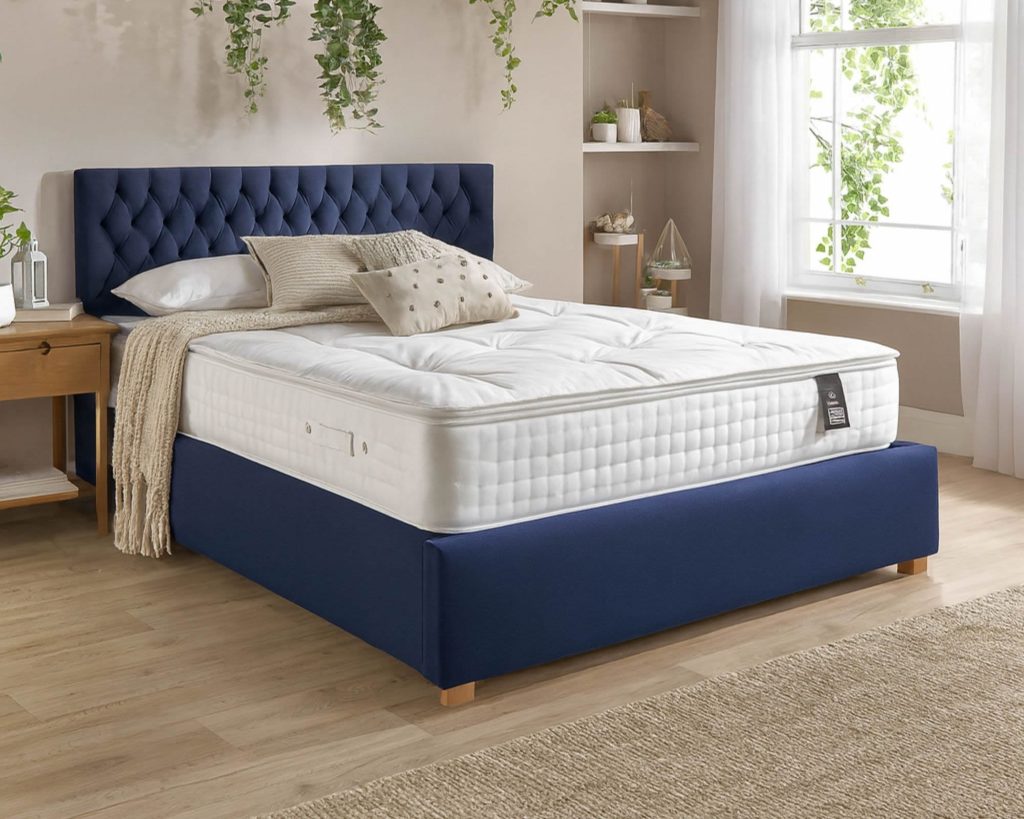 Aspire 3000 Pocket Wool Cashmere and Silk Pillowtop on a navy upholstered bed