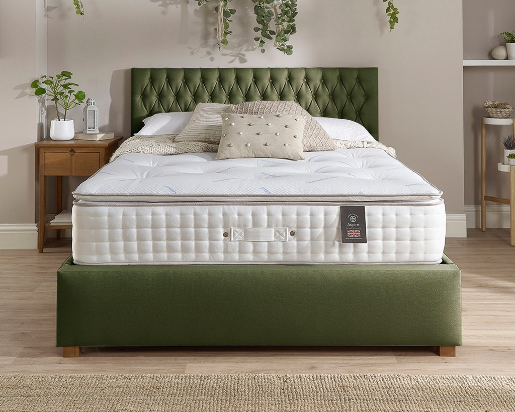 Aspire 5000 Pocket Climate Cool Wool Pillowtop on an olive green bed, front view
