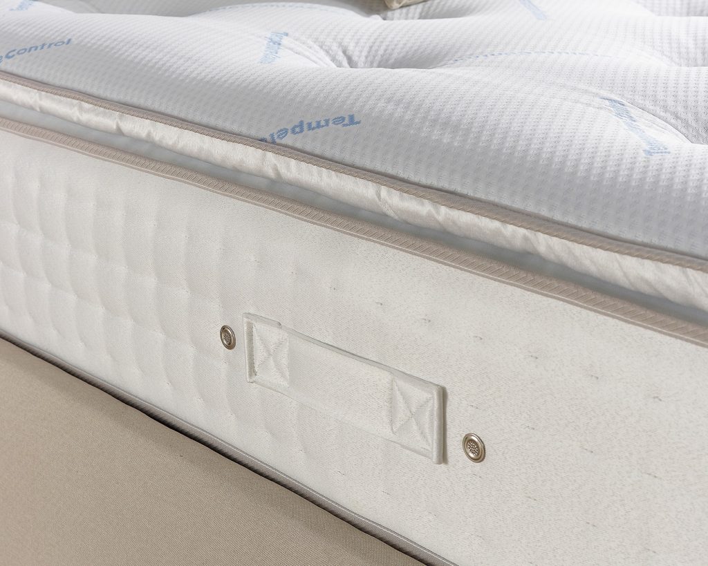 Cool Blue fabric with woven lettering and side handle on the Aspire 5000 Climate Cool Pillowtop