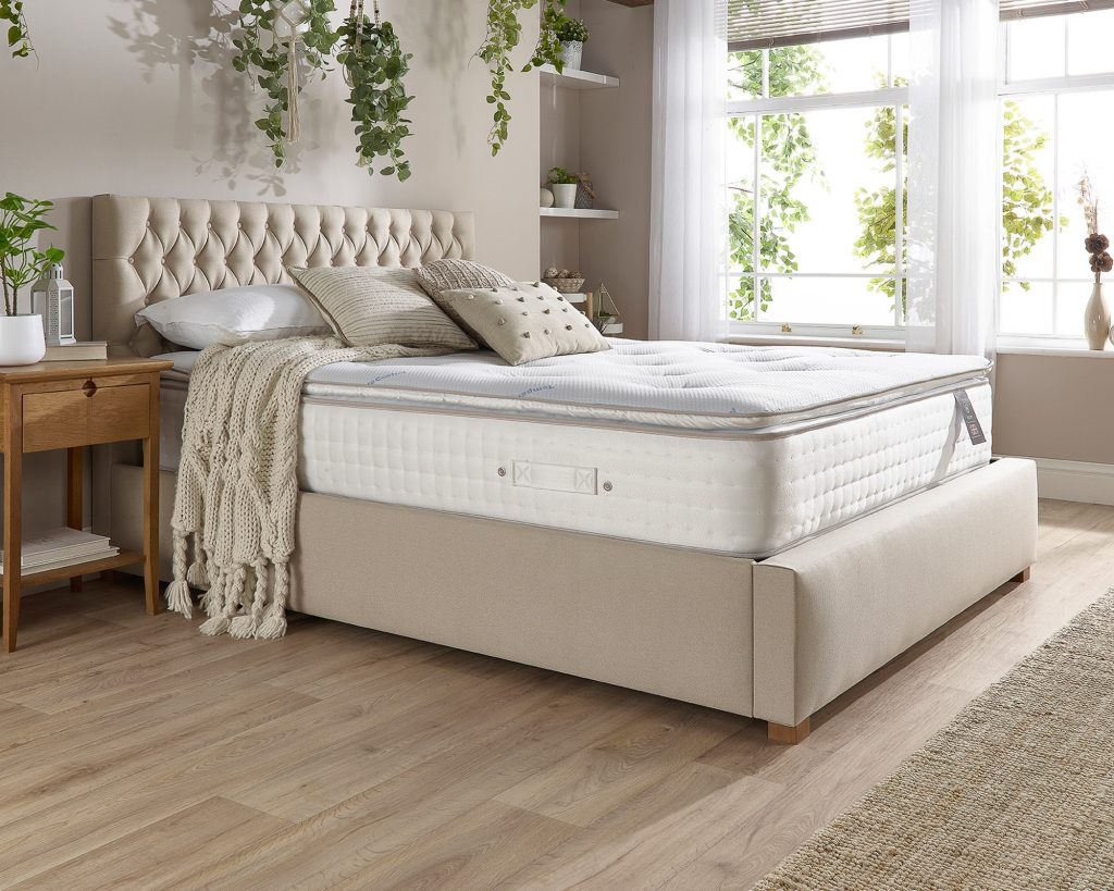 Aspire 5000 Pocket Climate Cool Wool Pillowtop on a cream bed in a bright bedroom