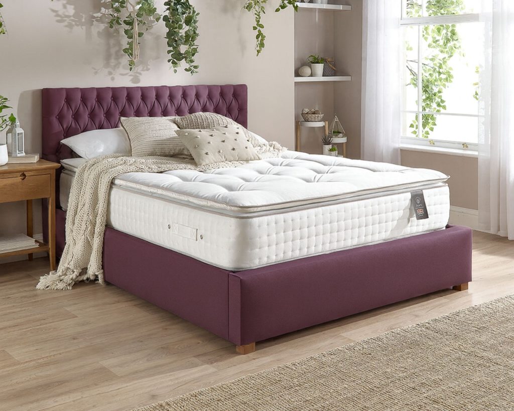 Aspire 5000 Pocket Wool Cashmere and Silk Pillowtop on a plum upholstered bed