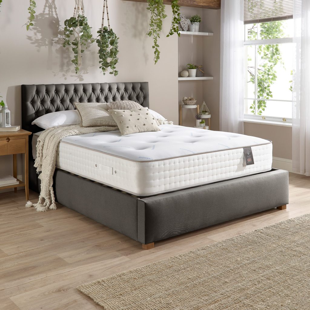 Aspire 7000 Pocket Climate Cool Wool Dual Sided mattress on a charcoal velvet bed