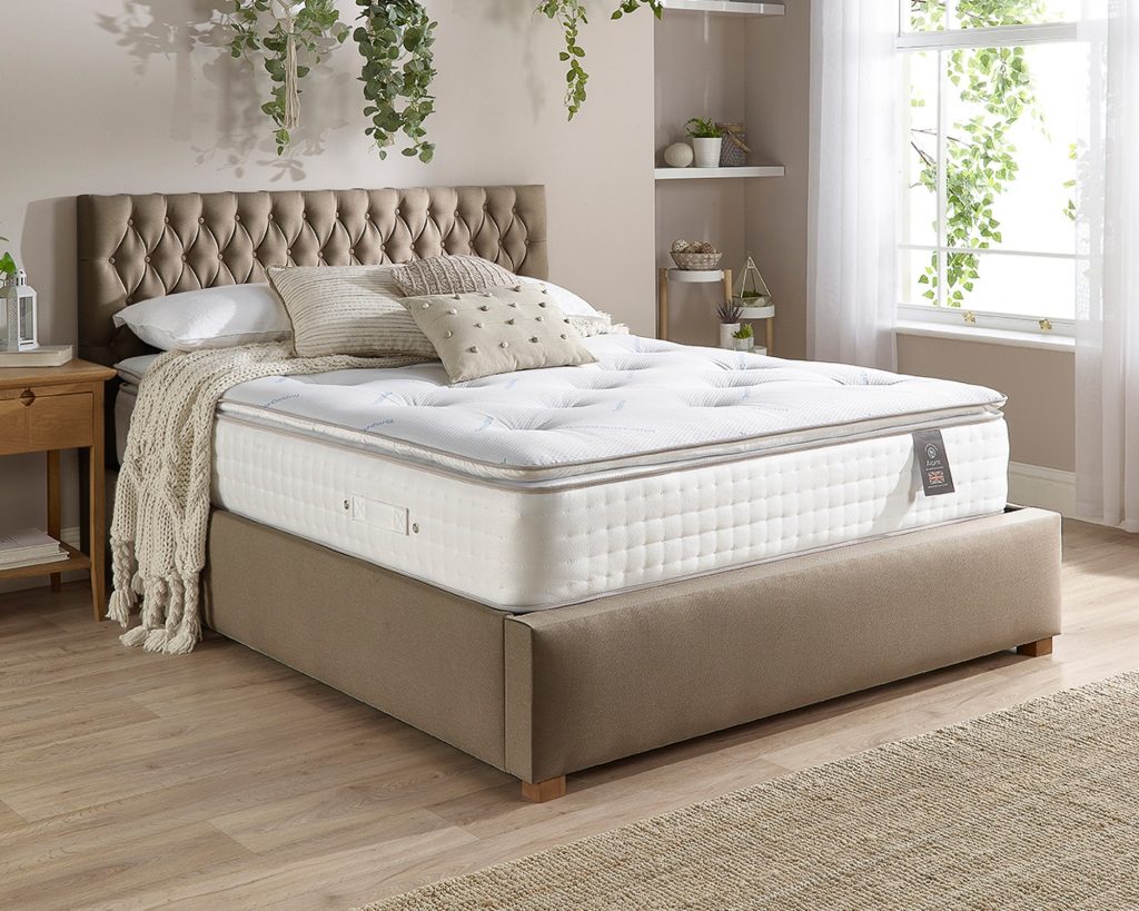 Aspire 7000 Pocket Climate Cool Wool Pillowtop on a taupe upholstered bed
