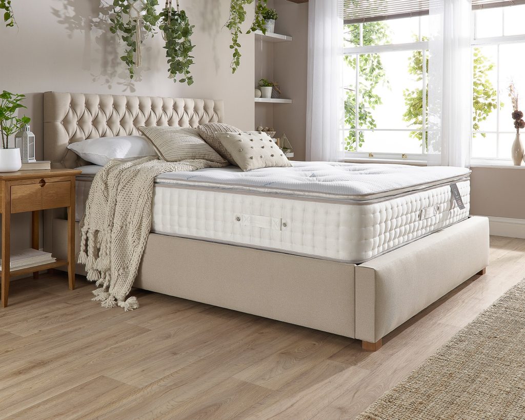 Aspire 7000 Pocket Climate Cool Wool Pillowtop on a cream bed in a bright bedroom