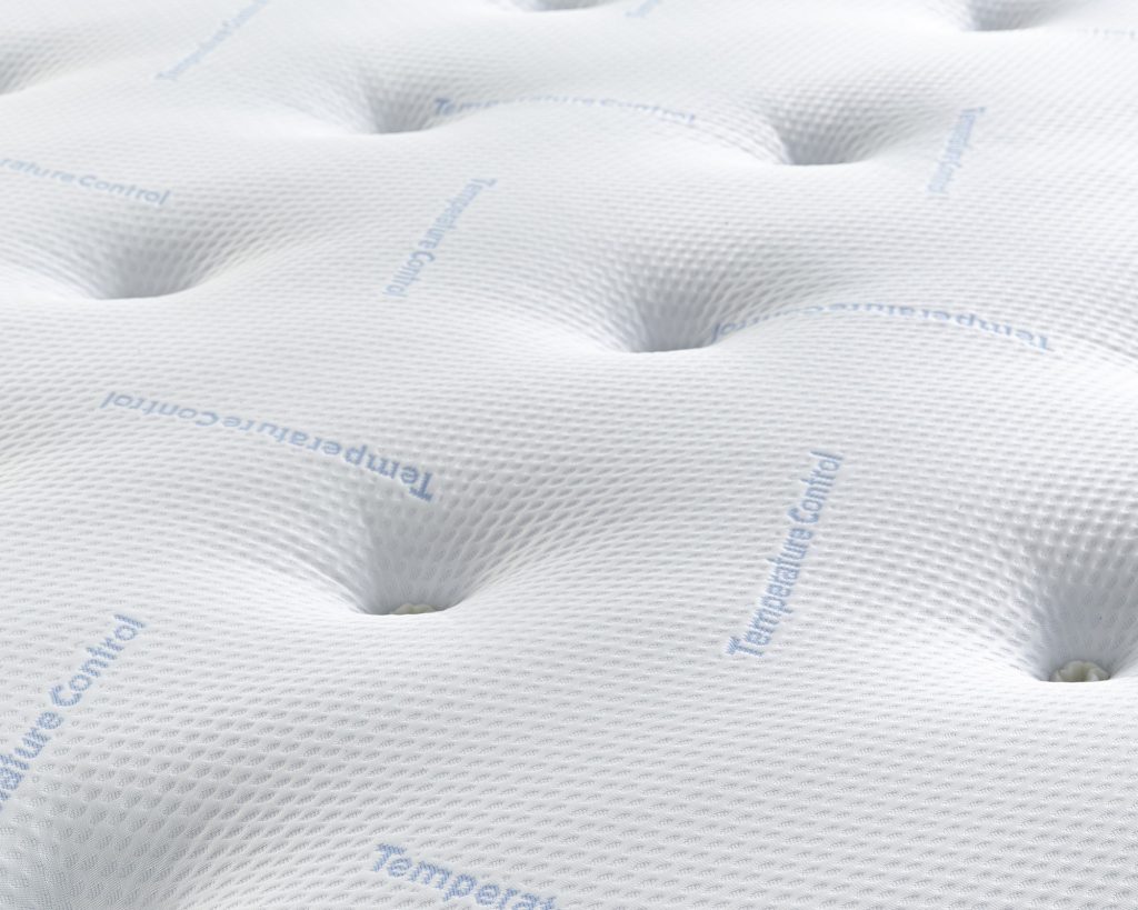 Blue-lettered cool summer fabric on the Aspire Advanced Temperature Control mattress