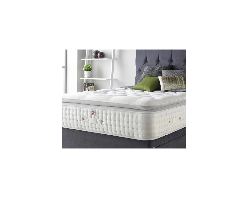 Aspire Alpaca Silk 3000 Pocket Pillowtop with side handles, on a grey bed