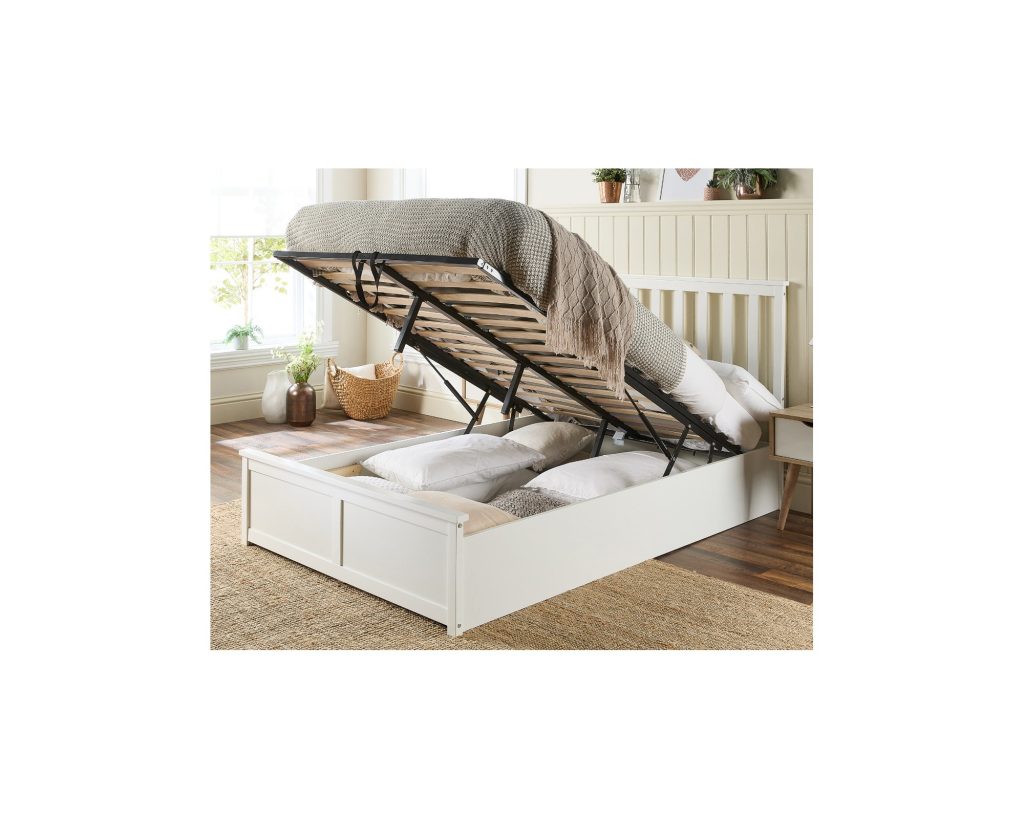 Aspire Atlantic Wooden Ottoman Bed in white with the slatted base lifted to show the storage