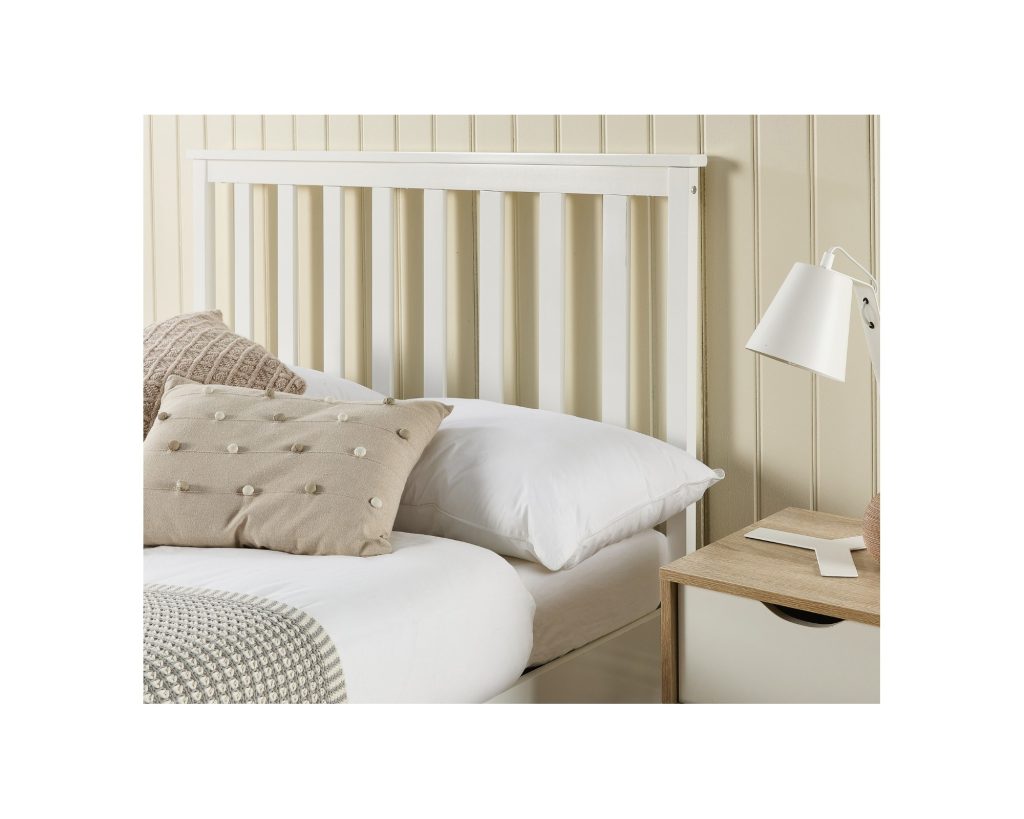 Aspire Atlantic Wooden Ottoman Bed in white, slatted shaker headboard close-up
