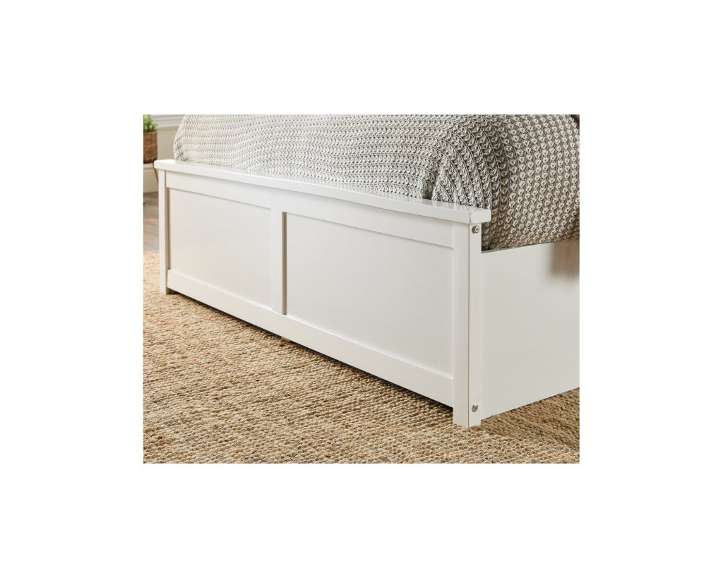 Aspire Atlantic Wooden Ottoman Bed in white, panelled footboard corner close-up