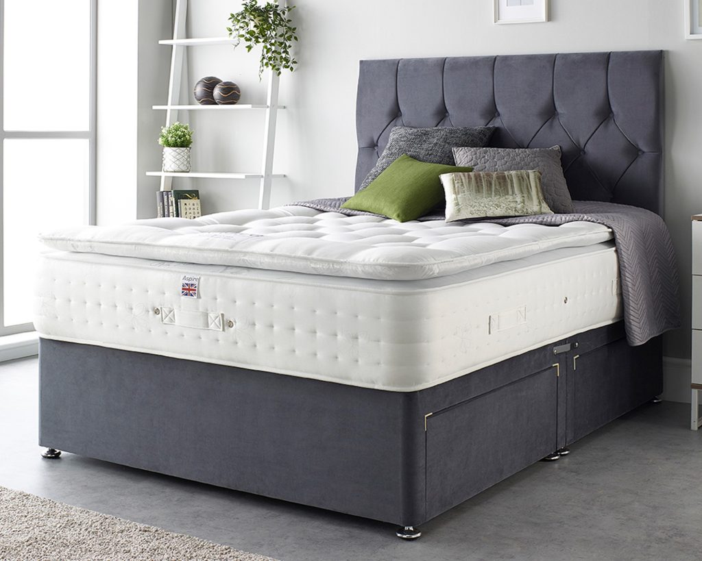 Aspire Cashmere 1000 Pocket Pillowtop mattress on a grey divan bed in a bedroom