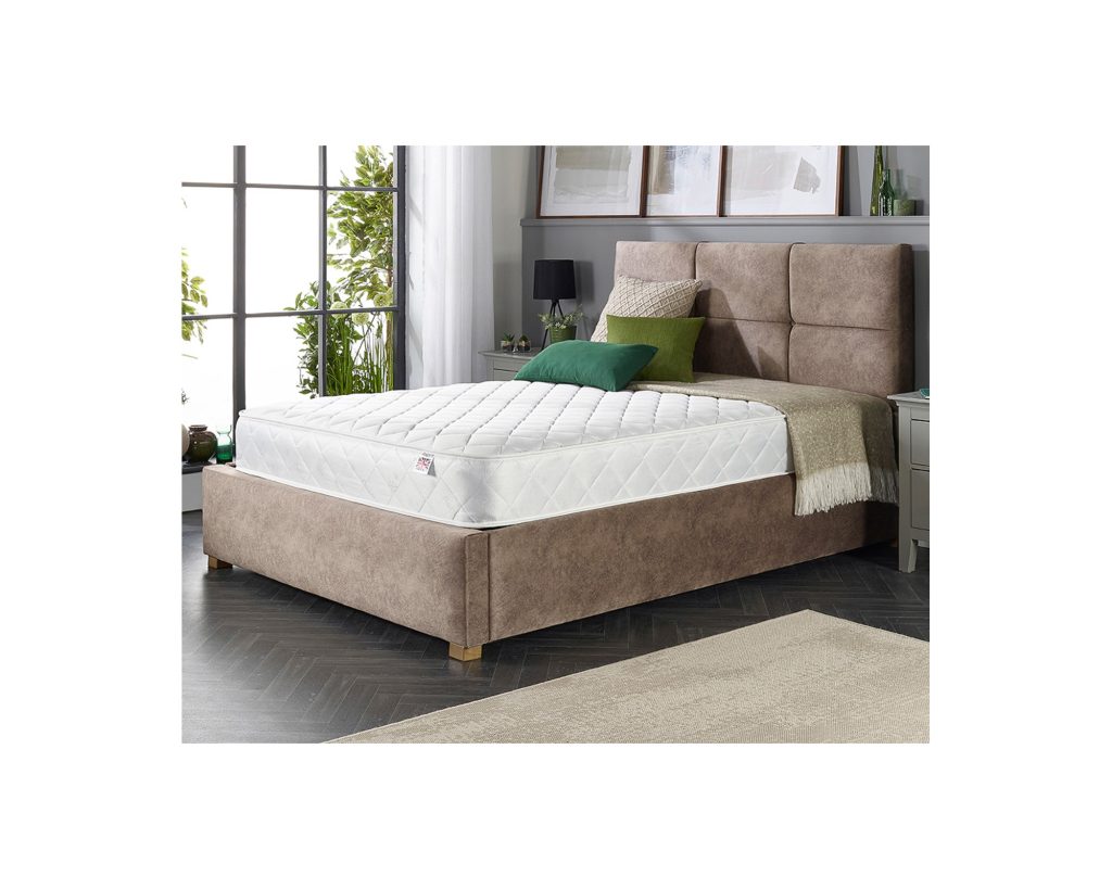 Aspire Comfort Rolled Mattress on a double bed, wide room view