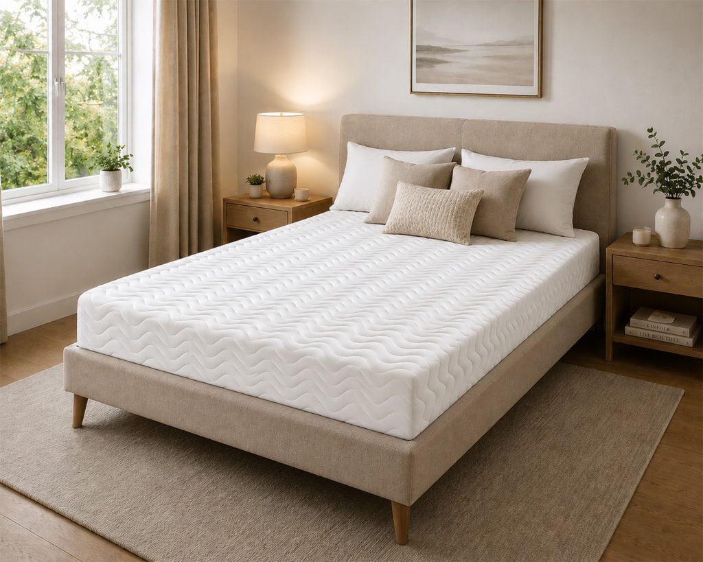 Aspire Cool Blue Relief mattress on an upholstered bed in a bedroom