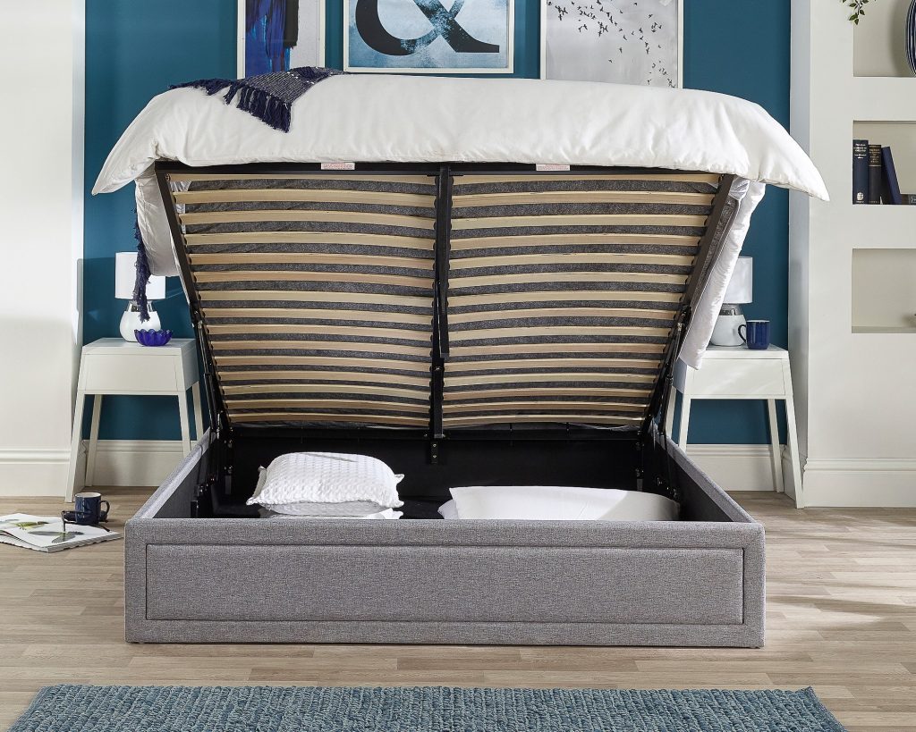 Aspire Cotswold Quilted End Lift Ottoman Bed, front view with the platform raised over the storage