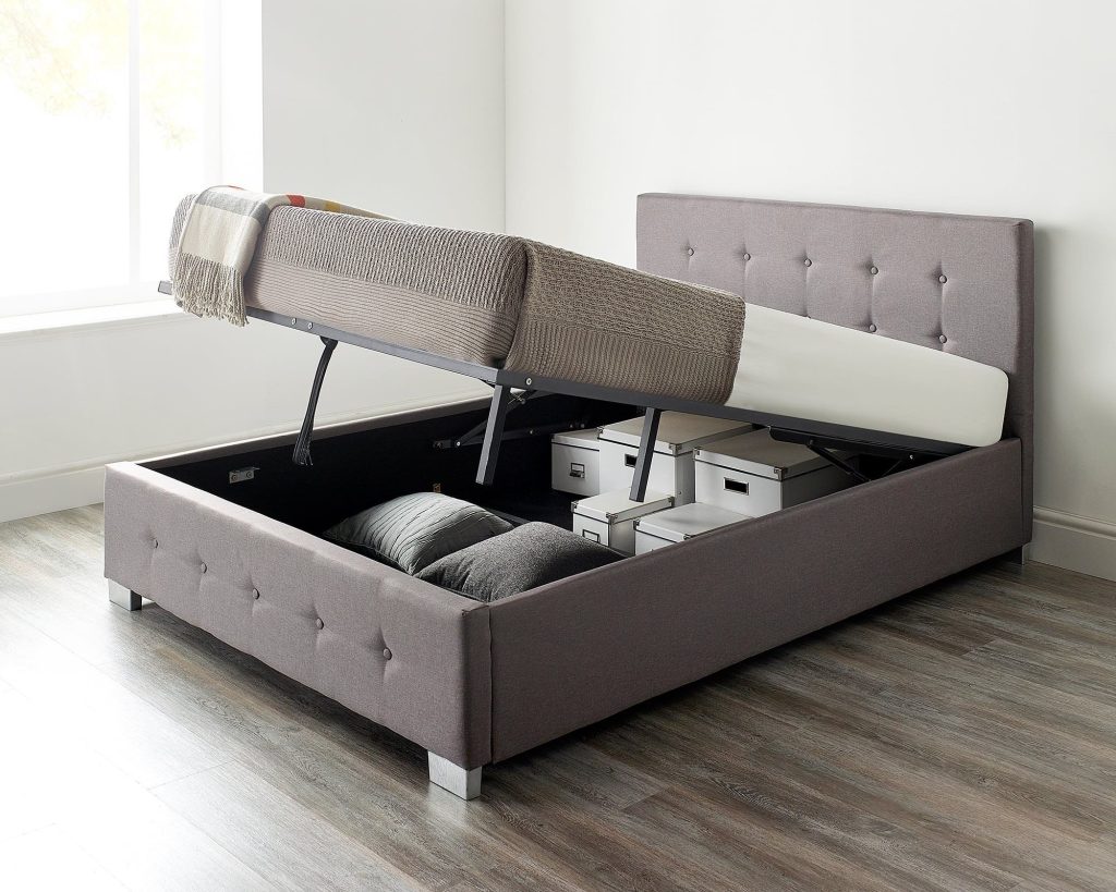 Aspire End Lift Ottoman Storage Bed in grey linen with the base half raised over the storage well