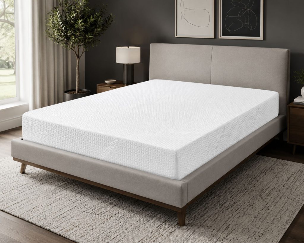 Aspire Essentials Memory Foam mattress on an upholstered bed frame in a bright bedroom