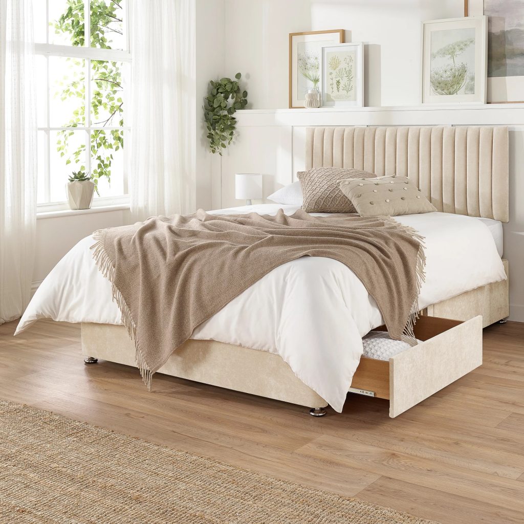 Aspire Grant Divan Bed Set in cream linen with a drawer pulled out, three-quarter view