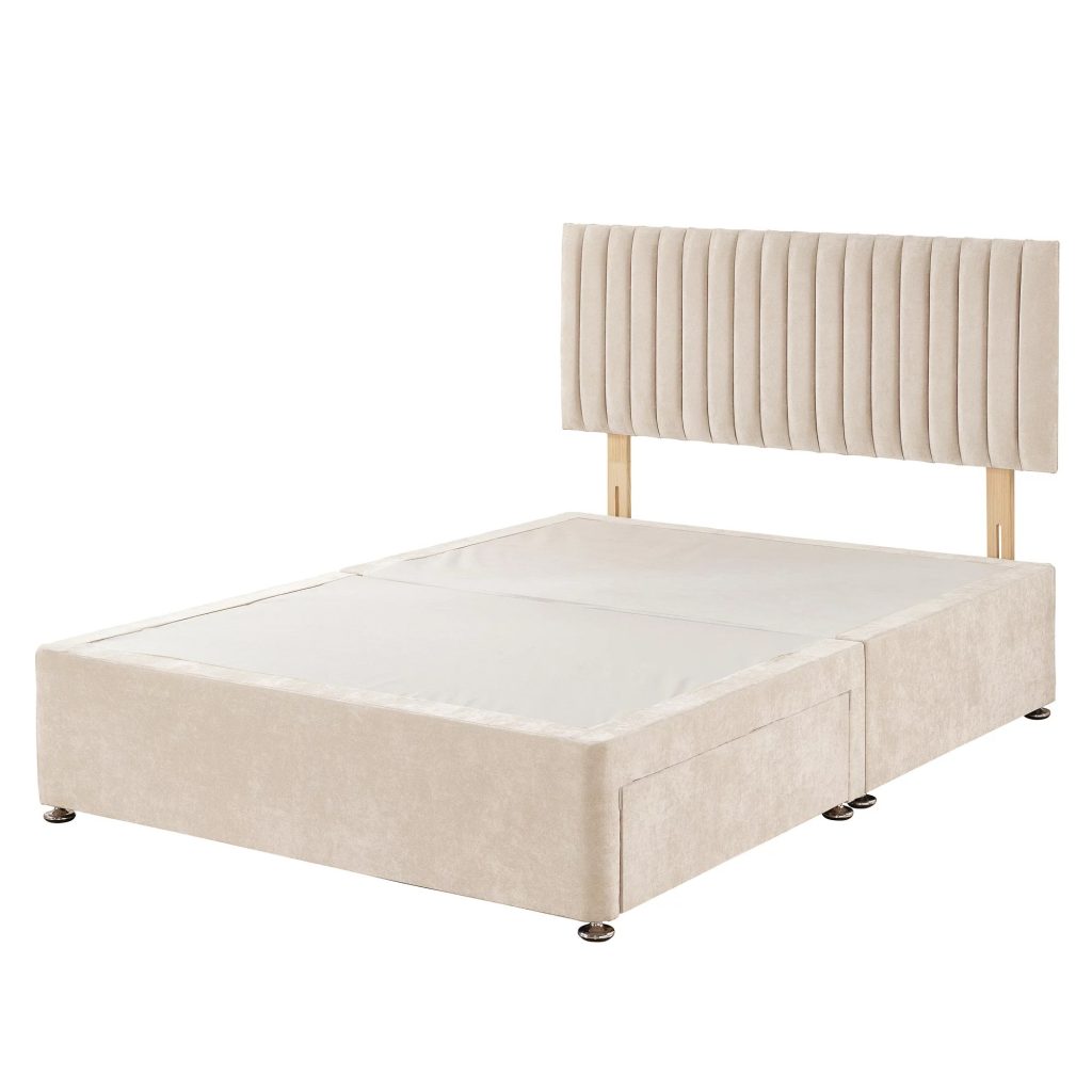 Aspire Grant Divan Bed Set in cream linen with strutted headboard and drawers on a white background