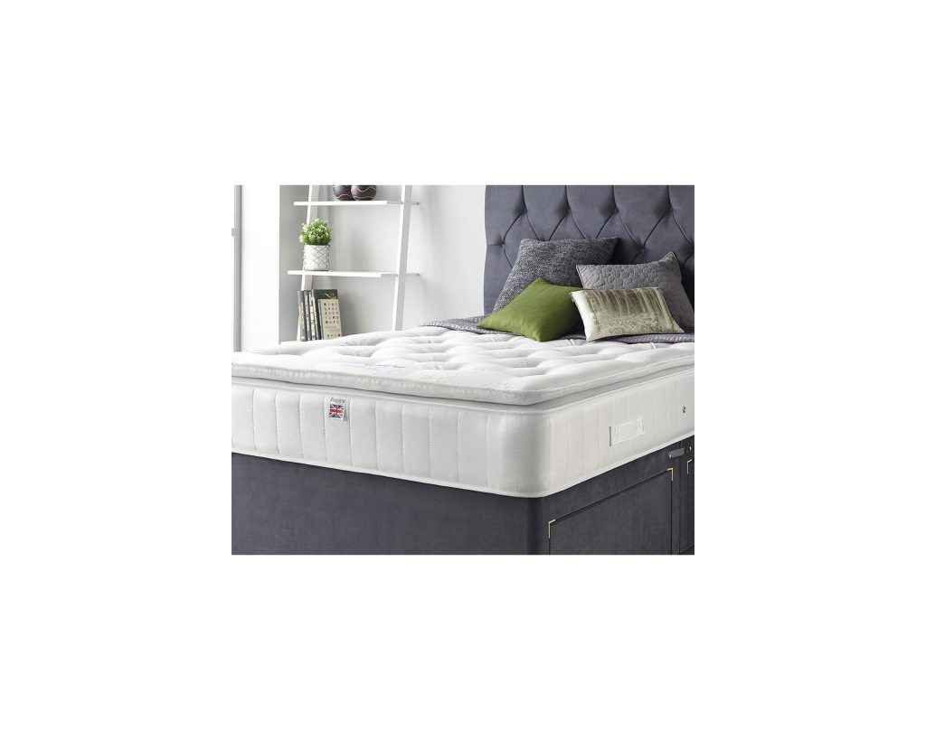 Aspire Natural Cashmere Pillowtop mattress on a grey bed, close view