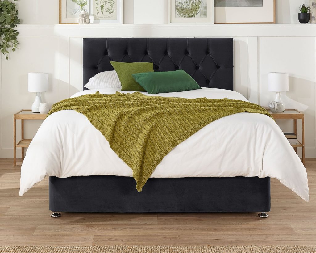 Aspire Olivier Divan Bed Set in onyx velvet seen from the foot end