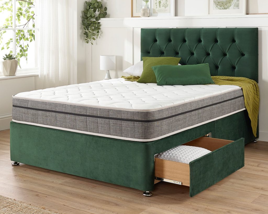 Aspire Olivier Divan Bed Set in pine green velvet with a mattress and an open drawer