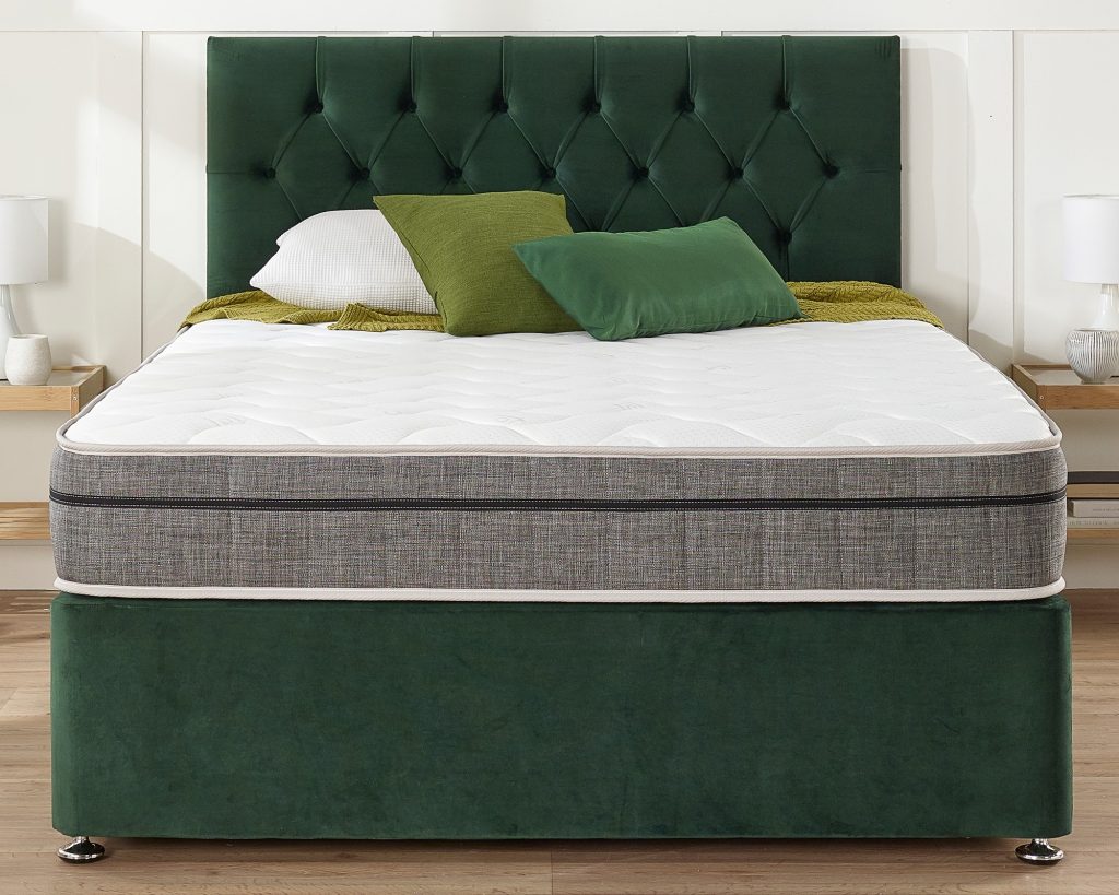 Aspire Pocket+ 1000 Memory mattress seen from the foot of a green divan bed