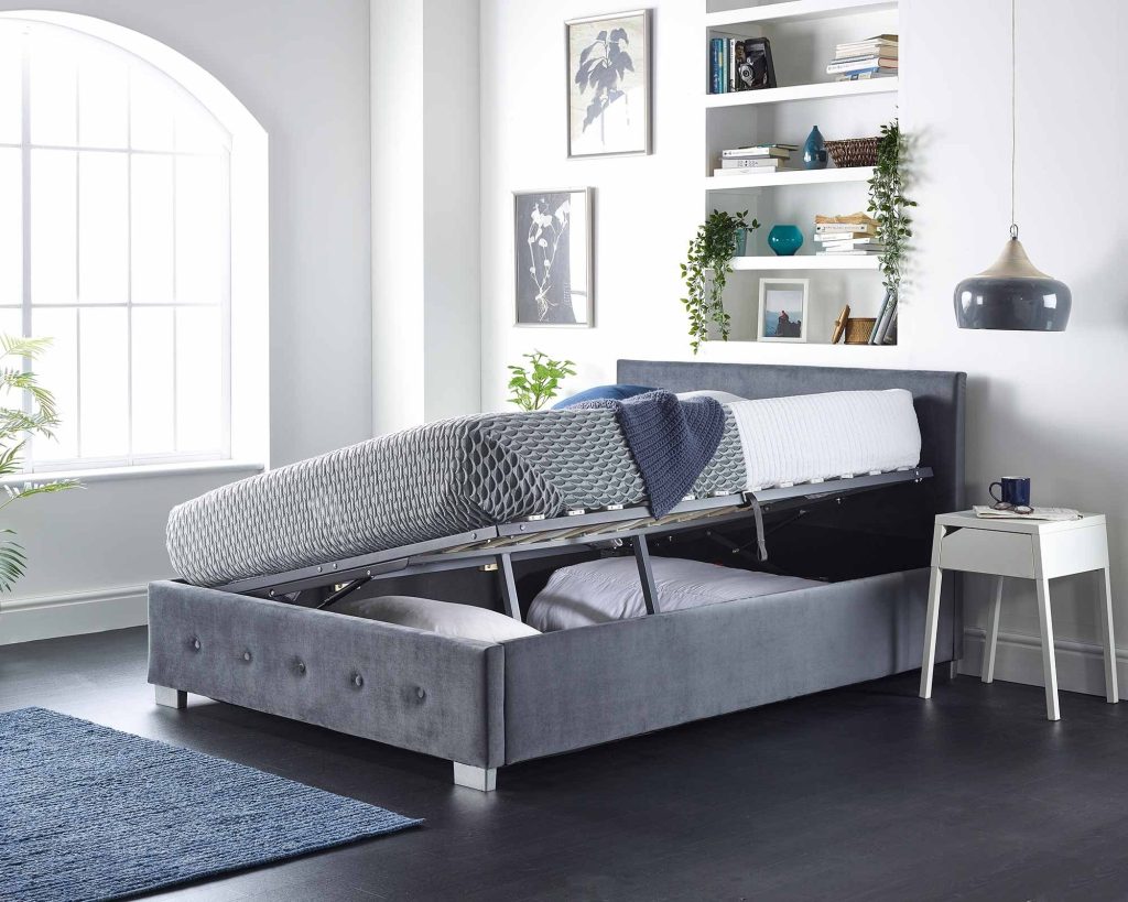 Aspire Side Opening Ottoman Storage Bed opened from the side, storage well visible from an angle