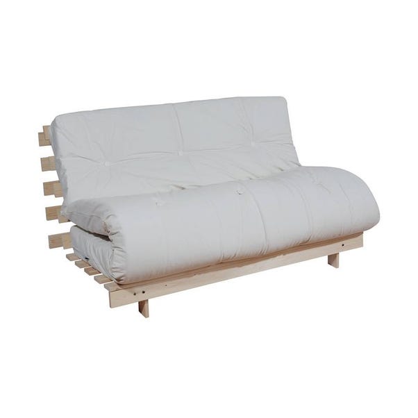 Dunelm Mito futon mattress folded as a two-seat sofa on a pine frame