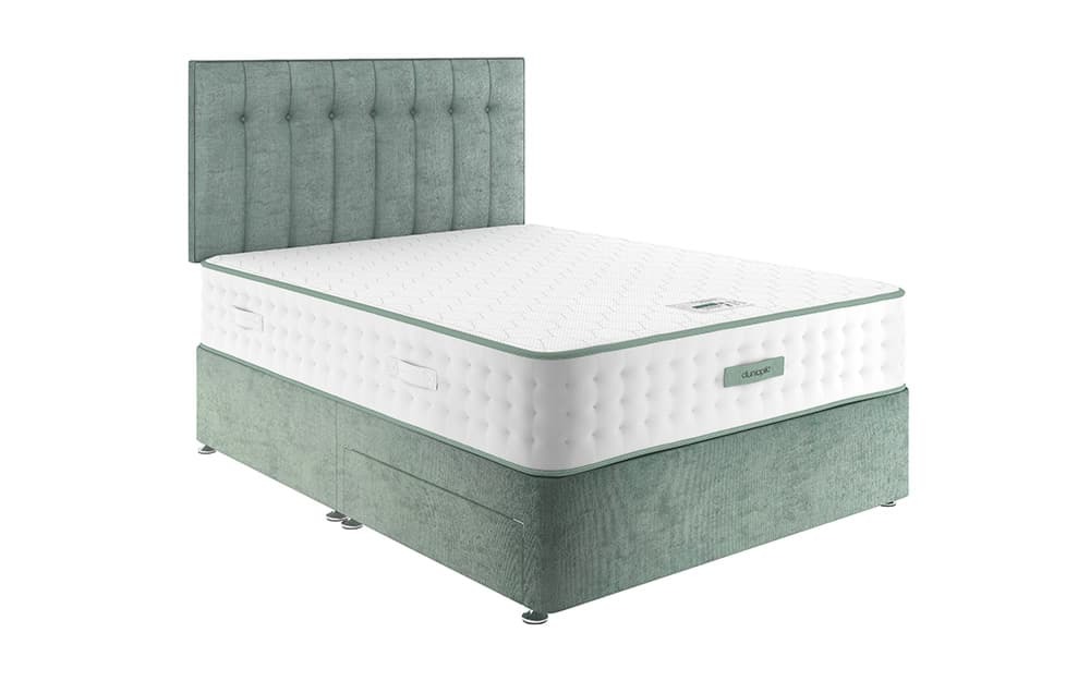 Dunlopillo Kareena mattress on a green divan with buttoned headboard