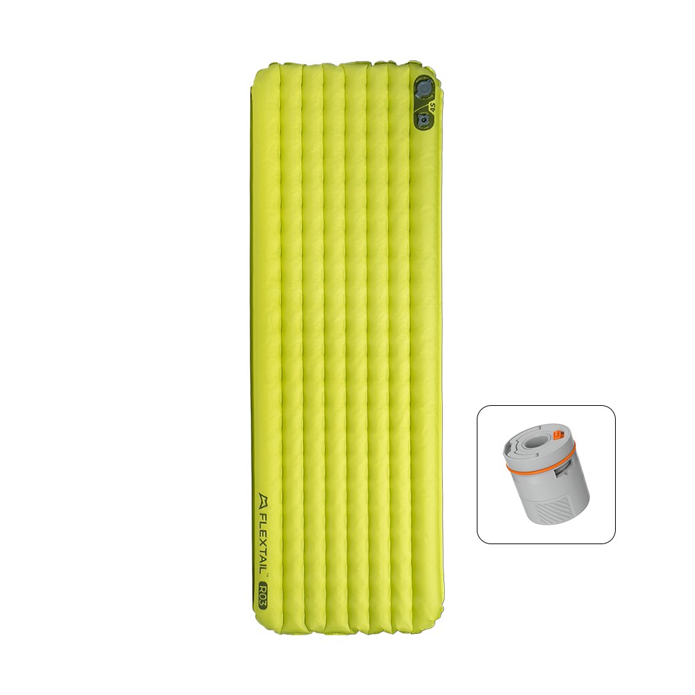 Flextail Tiny Sleeping Pad R03 AVS in lime green with its Air Capsule pump on a white background