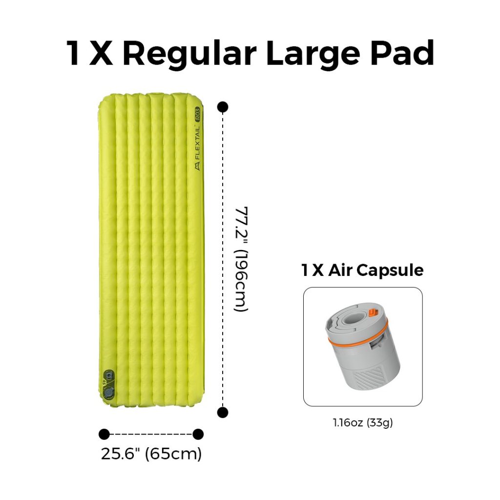 Flextail R03 AVS Regular Large pad, 196 x 65 cm, shown with its Air Capsule pump