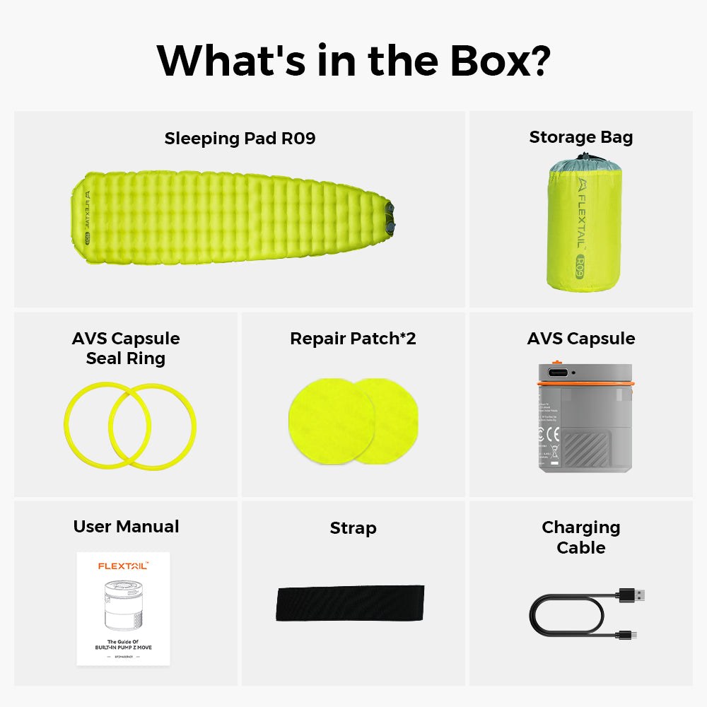 Box contents of the Flextail R09 AVS: pad, storage bag, Air Capsule, seal rings, repair patches and cable