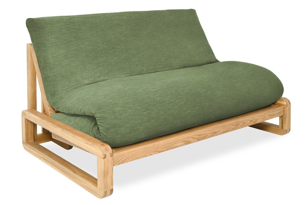 Futon Company Authentic futon folded as a sofa on an oak Loop two-seater frame