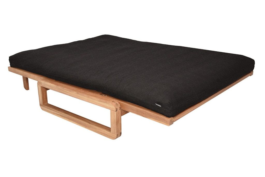 Futon Company Comfy futon in a dark cocoa cover on a wooden futon base