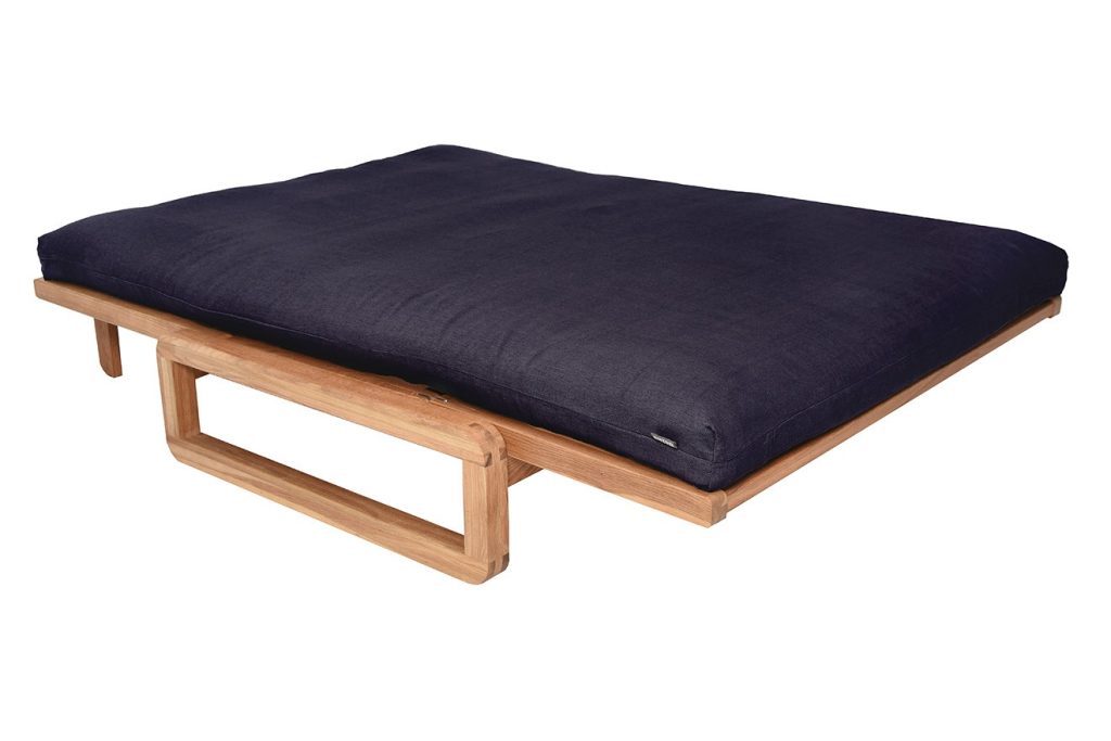Futon Company Comfy futon in a navy cover on a wooden futon base