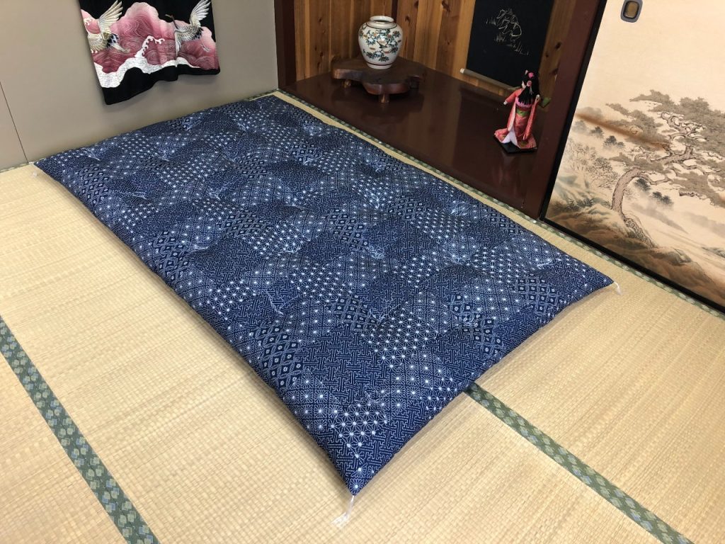 Futons from Japan shikibuton in an indigo sashiko print on tatami mats