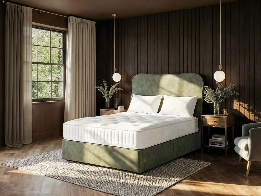 Harrison Spinks Clover 3000 mattress on a green divan bed in a panelled bedroom