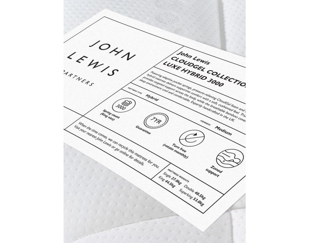 John Lewis CloudGel collection label on the mattress