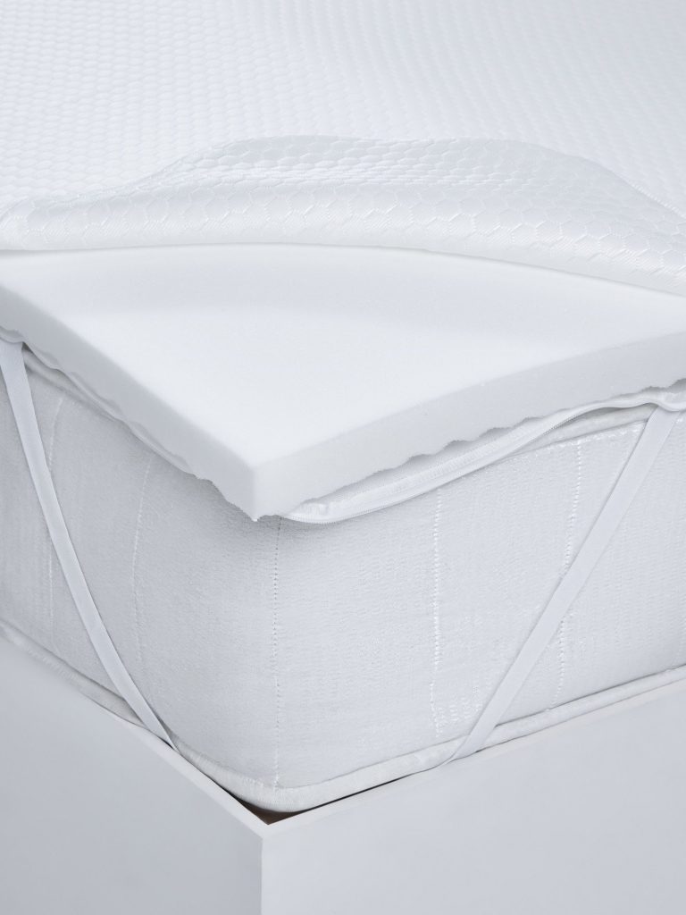 John Lewis Specialist Support 5-Zone Aurora foam topper with its cover folded back, showing the elastic corner straps