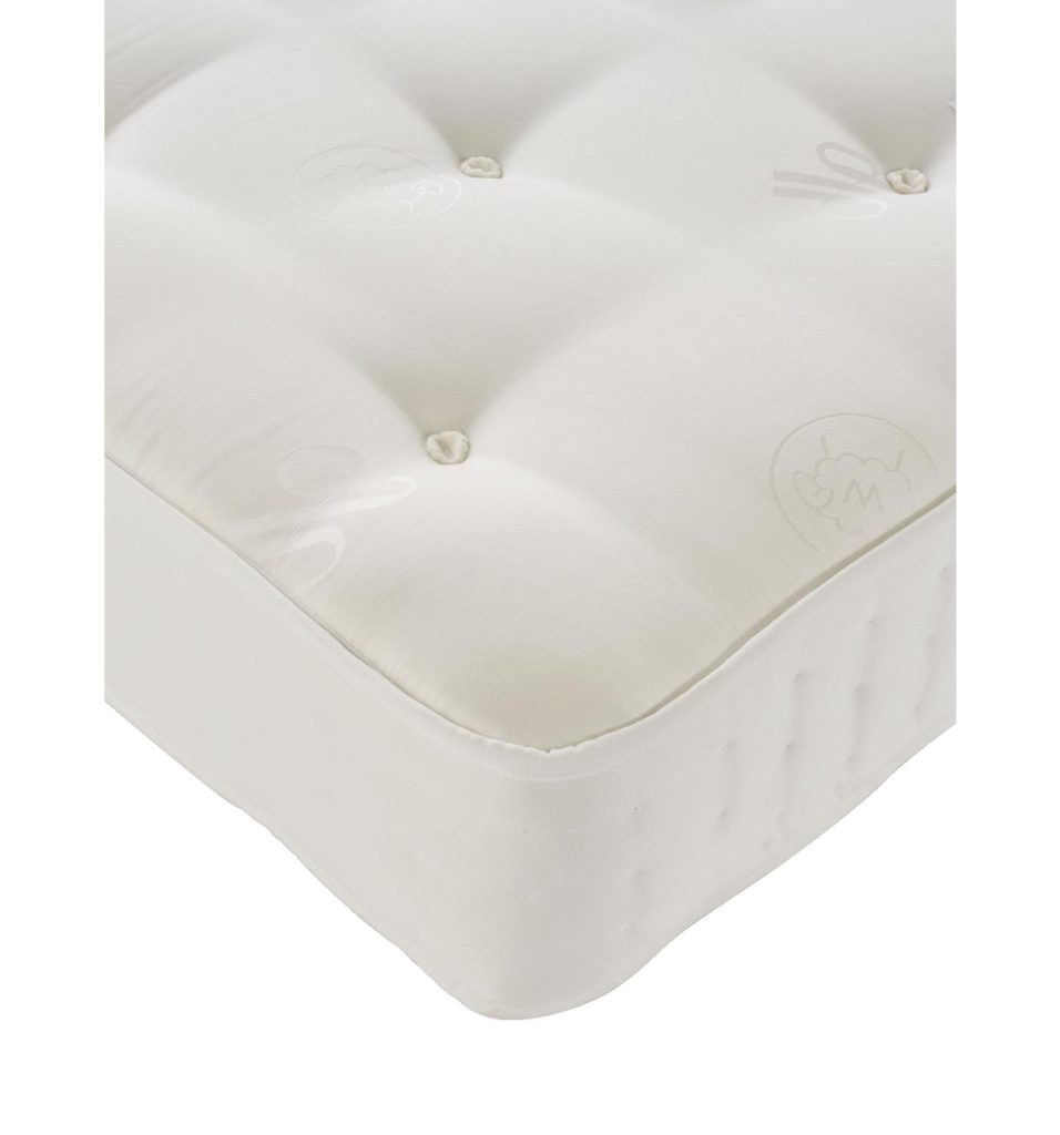 Close-up of the tufted corner and border of the Waitrose Wool 1600 mattress