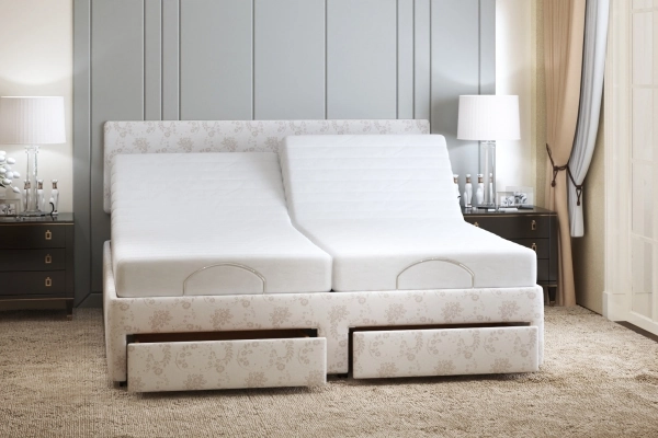 Front view of the Laybrook Dorchester Dual in beige damask with two side drawers